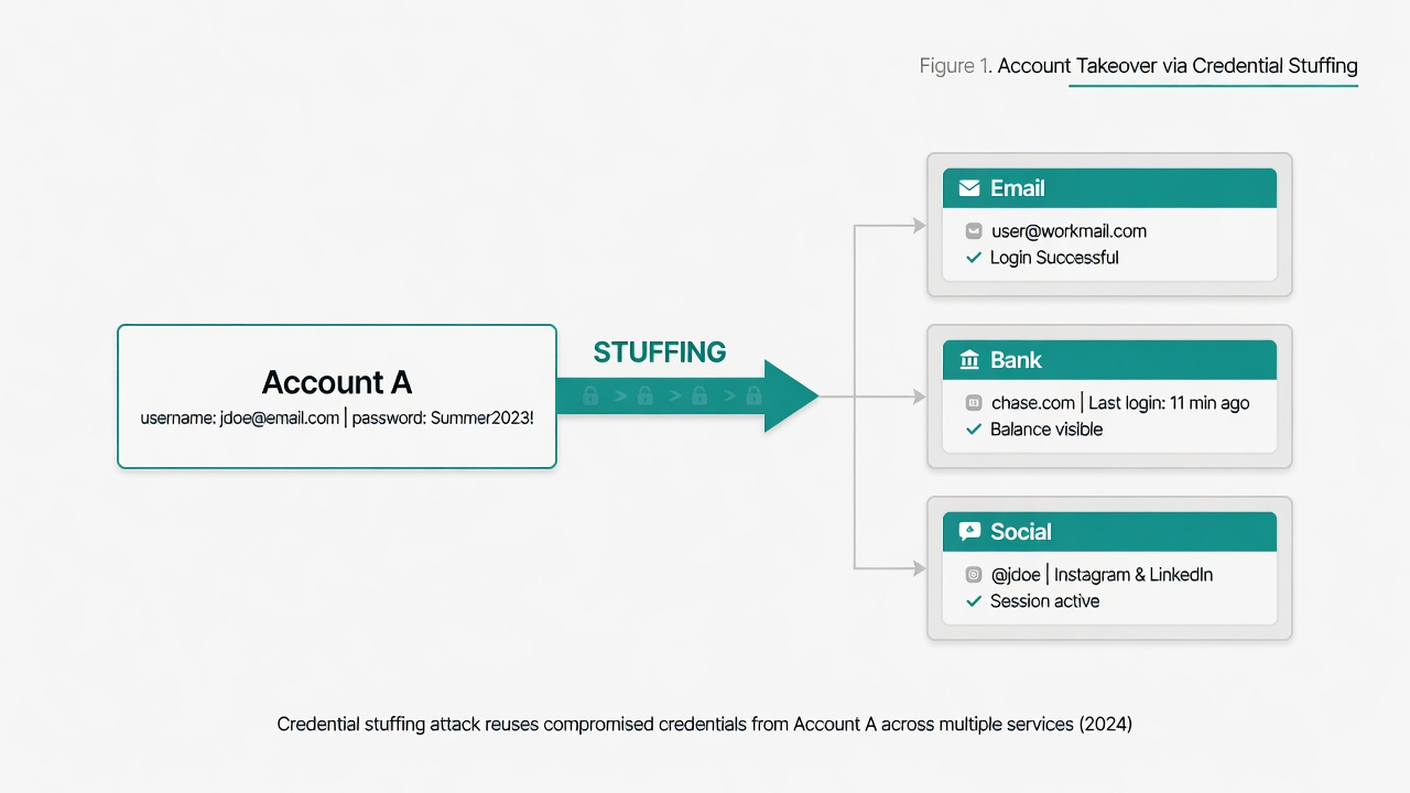 Credential stuffing flow: one compromised account spreading to email, bank, and social