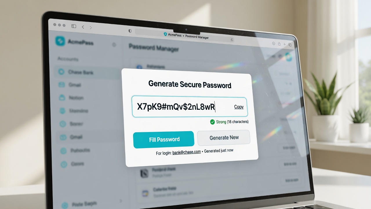 Laptop in daylight with a clean password generate-and-fill style UI
